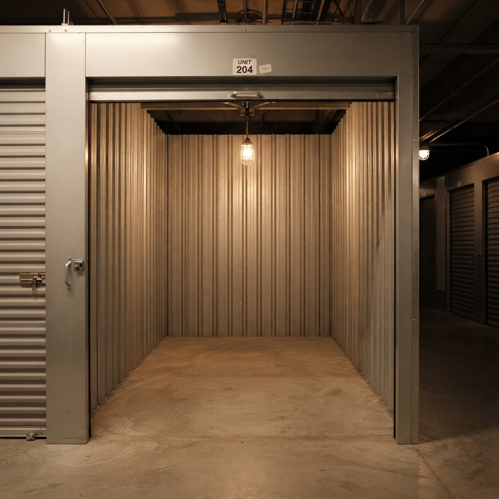 Empty clean self-storage unit interior with industrial metal walls
